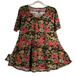 LulaRoe Rose Floral Grid Tunic Knit Top Size XS Stretch Pink Black Green Scoop